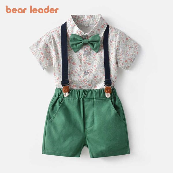 Bear Leader conjuntos de ropa floral para bebés, niños, moda de verano, caballeros, pajarita, camisas y pantalones cortos con tirantes, trajes 1-6Y 210708