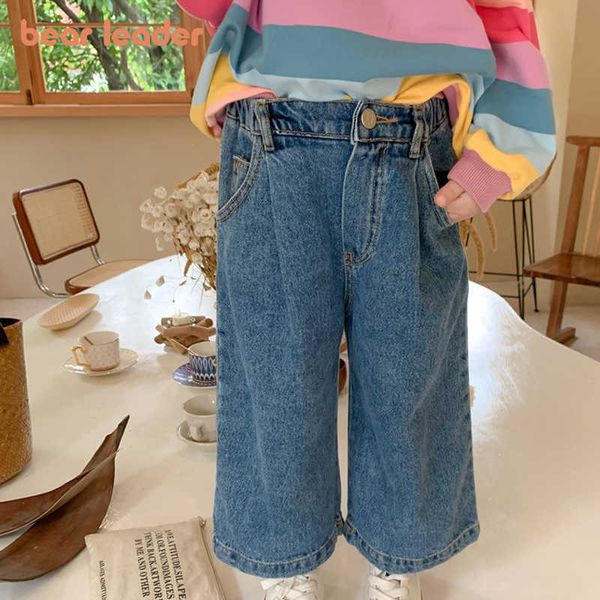 Bear Leader Girls Straight Jeans moda estilo coreano niños bebé Color sólido pantalones de mezclilla Casual ropa suelta para 1-6Y 210708