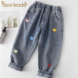 Детские повседневные джинсы Bear Leader, новинка 2021 года, осень-весна, модные джинсы для девочек и мальчиков, детские леггинсы с милым принтом в виде сердца для детей от 2 до 6 лет 210317