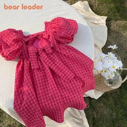 Bear Leader Rose Pink Plaid Bow Dress Elegant Lolita Child Big Girls Midi Children Dresses Teens Party Princess Sundress 240426