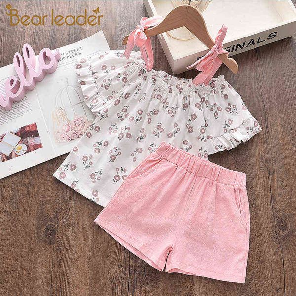 Bear Leader Summer Brand News Girls Sets Metter Bow-Knot Sling T-shirt Patché à imprimer Cherry With Casual Short For Kids 2-6 Y220310