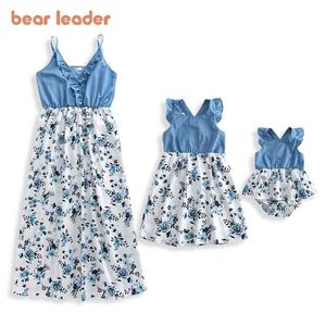 Beer leider zomer vader moeder meisjes jongens bloem jurk familie matching outfit mom baby patchwork mode jurken kleding 210724