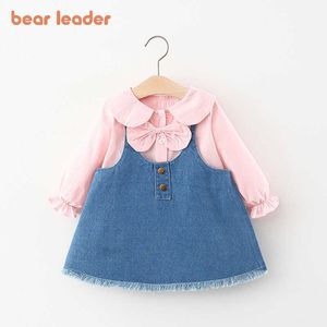 Bear Leader Toddler Girls Robes décontractées Fashion born Baby Bow Shirts And Suspender Denim Vestidos Cute Clothes For 0-2Y 210708