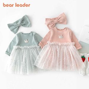 Bear Leader Toddler Girls Casual Rompes Robe Mode Printemps Princesse Princesse Couronne Voile Voile BodySuits Baby Vêtements 210708