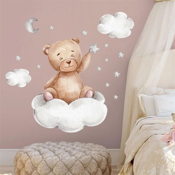 Oso Luna nubes estrellas pegatinas de pared dormitorio para bebé niños fondo de habitación decoración del hogar papel tapiz para habitación pegatina de guardería 220727