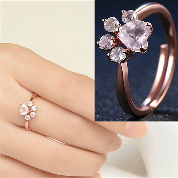 Bague réglable en forme de patte d'ours et de chat, anneau réglable en or Rose, pour femmes, mariage romantique, cristal Rose, cadeaux d'amour, bijoux