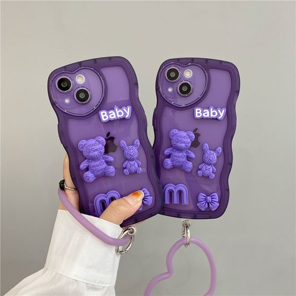 Coque de téléphone ours pour iPhone 14 Pro Max Plus 13 12 11 bébé TPU 3D violet vague amour couverture arrière avec sangles populaire