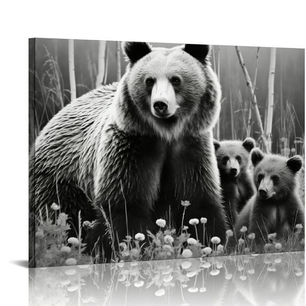 Bears Family Canvas estampado Arte de pared en blanco y negro oso pardo oso pardo decoraciones de pintura para la galería de la cabaña de la granja lienzo envuelto listo para colgar