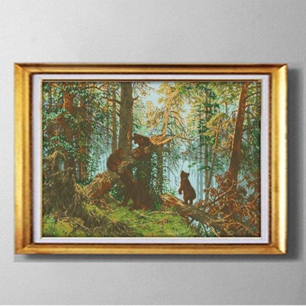 Ours dans la forêt de pins bricolage fait à la main point de croix ensembles de couture kits de broderie peintures comptées imprimées sur toile DMC 14CT 241F