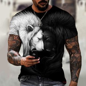 Camiseta con estampado 3d de bestia feroz león y lobo verano para hombre de gran tamaño de manga corta negro blanco poliéster