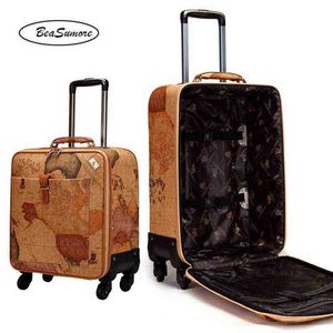 Beasumore modekaart pu lederen rollende bagage spinner inch retro wiel koffers heren hut wachtwoord trolley j220707