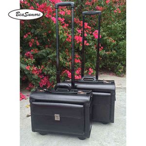 Beasumore hoogwaardige leerkapitein Rolling Bagage Multifunctionele inch Laptop Bag Men Women Pilot Suitcase Wheels J220707