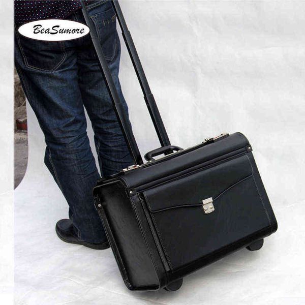 Beasumore Multifonctionnel Pu Cuir Roulant Bagages Spinner Hommes Femmes Pilote Valise Roues Pouces Porter Notre Sac D'ordinateur Portable Trolley J220707