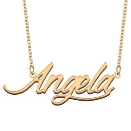 Angela Nom Collier Pendentif pour Femmes Filles Cadeau d'anniversaire Personnaliser Plaque Signalétique Enfants Meilleurs Amis Bijoux en Acier Inoxydable Plaqué Or 18 Carats