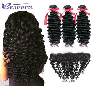 Beau Diva Deep Wave Bundles avec frontal Brésilien Human Hair 3 Packles avec fermeture 13x4 en dente