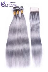 Mechones Beau Diva de color gris plateado con cierre, pelo liso peruano Remy con cierre, extensiones de cabello humano mechones con cierre de encaje 444855872