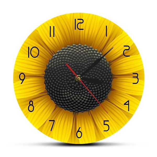 Reloj de pared moderno de girasol fresco Beaufitul, arte de pared de flores amarillas botánicas, decoración Natural para el hogar, relojes colgantes de Helianthus 211110