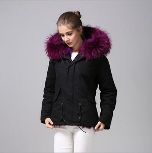 Beauitful Meifeng marque violet fourrure de raton laveur garniture violet fourrure de renard doublé noir mini vestes neige parka femmes manteaux avec fermeture éclair ykk