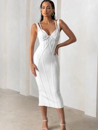 Beaukey for Women White Midi Bandage Dress Dubbele riemen Criss Criss Bodycon Runway Split Bustier Elegant Vestidos 240418