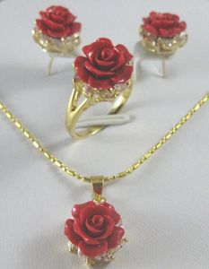 Hermosos pendientes de flor tallada en coral rojo de 12 mm, anillo, collar, colgante
