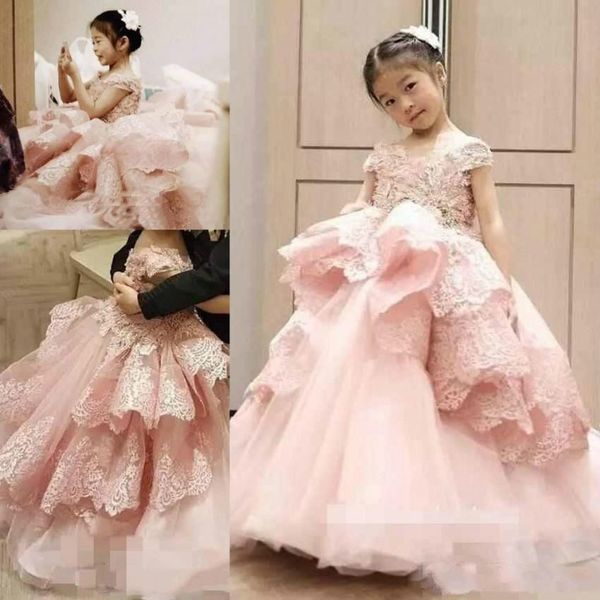 Belle 2019 Rose Dentelle Fleur Filles Robes Tiers Tulle Filles Pageant Robes Première Communion Robe Robe De Bal Enfants Tenue De Cérémonie