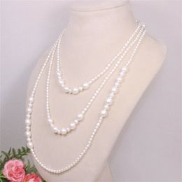 Handgeknoopte elegante 3-4-8-9-10mm witte zoetwaterparelketting lang 127cm