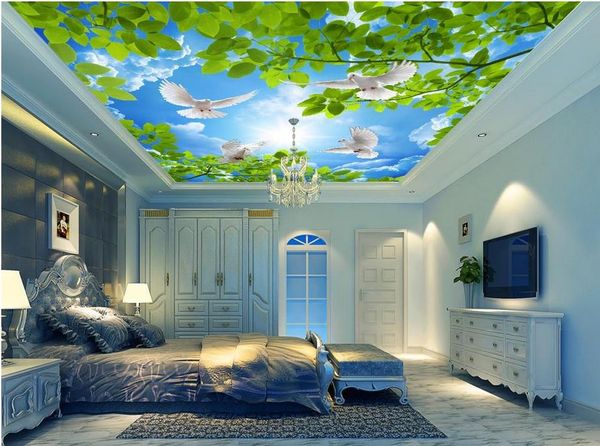Beaux murales de plafond 3D fond d'écran bleu ciel blanc nuages ​​vert feuilles fond de plafond peinture décorative