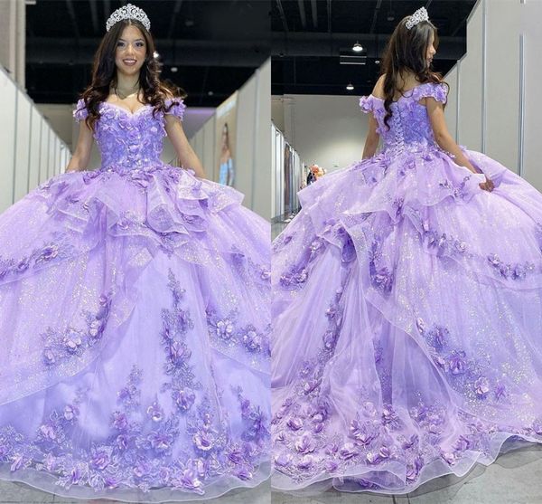 Belles fleurs 3D robe de bal violette robes de Quinceanera sur l'épaule gonflée paillettes niveaux princesse occasion formelle robes de bal grande taille douce 16 robe CL1896