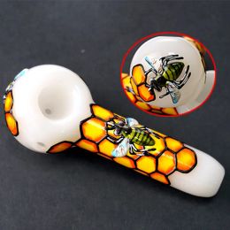 Hermosas tuberías de vidrio 3D Bee Bee Pipan de cuchara Dogo Spoon para fumar Pipes de mano Bongs Tobacco ZZ