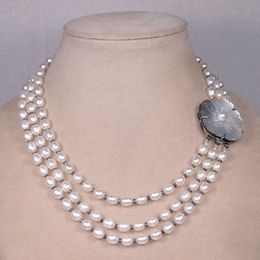 Beau collier de perles de riz blanc de culture d'eau douce 3 rangs 7-8mm 43-48cm bijoux de mode