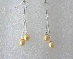 Belles boucles d'oreilles pendantes en argent 925 avec perle d'eau douce en or jaune 7-8 mm