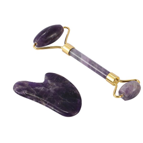 Belle Amethyst Stone Face Massage Rouleau Gua Sha Set avec bo￮te cadeau Lift V Face For Woman