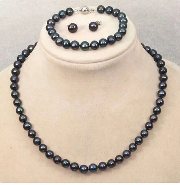 Beau et naturel 910 mm Aaatahiti Black Perle Collier Set d'oreille 240106