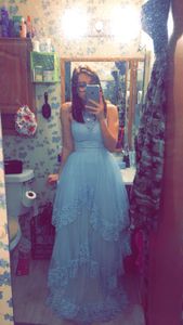 Mooie Baby Blauw Lange Prom Dress Kant Tule Mouwloze Event Slijtage Party Gown Custom Made Plus Size Beschikbaar