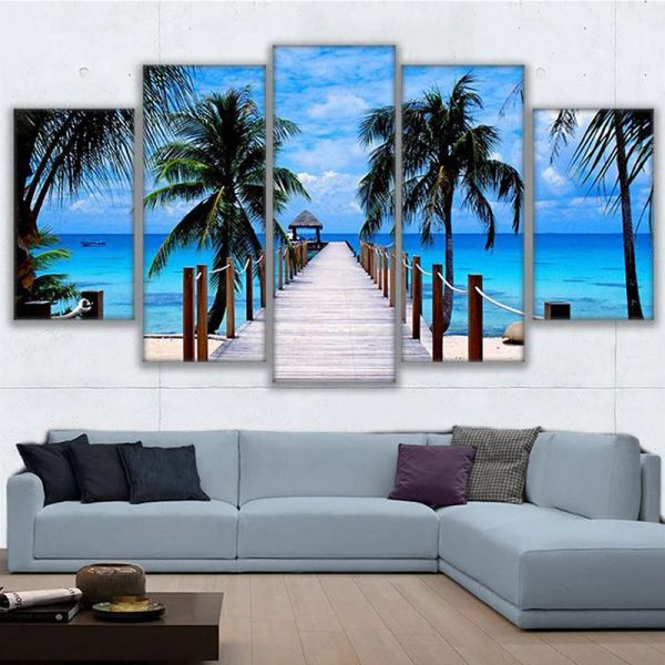 Hermoso Bali Ocean Mar Azul Tropical Palm Tree Canvas Pintura Nubes de playa Carteles de 5 piezas Arte de pared para decoración de la sala de estar