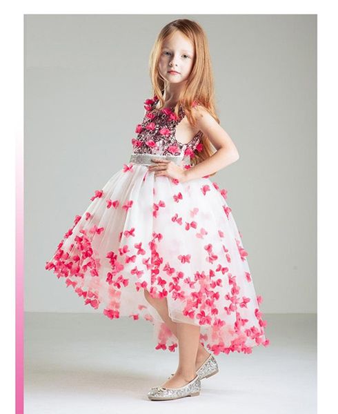 Hermoso vestido de fiesta para niñas con flores de mariposa y faja de cuentas para el vestido del desfile de Lovly Princess Girls