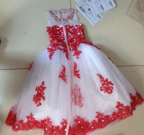 Belle robe de bal en tulle pour tout-petits, robes de filles à fleurs spaghetti, appliques en dentelle blanche et rouge avec perles, robes de concours pour filles