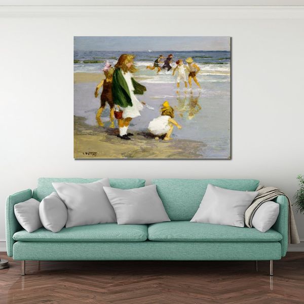 Hermosa playa lienzo arte jugar en el Surf Edward Henry Potthast pintura hecha a mano paisaje marino arte decoración para sala de estar