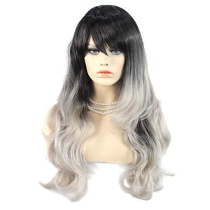 Hermoso negro gris largo ondulado damas pelucas Dip-Dye Ombre cabello de peluca