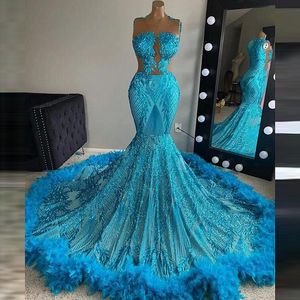 Mooie blauwe pailletten prom -jurken met veer 2023 bling mermaid zwarte meisjes avond jop chic aso ebi afstuderen feestjurk vrouwen Vestido de fiesta