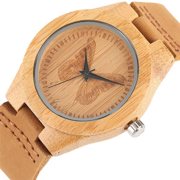 Hermosa decoración de mariposa, relojes de madera con esfera para damas, niñas, mujeres, reloj de pulsera de bambú hecho a mano, reloj de cuarzo, reloj femenino