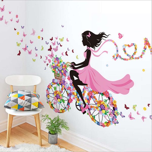 Hermosa mariposa flor rosa chica en bicicleta pegatinas de pared para habitación de niña dormitorio pegatinas de pared de salón pegatinas decorativas