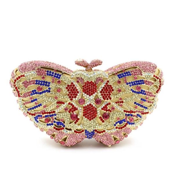 Hermosa mariposa Rosa Diamante de imitación cristal mujer bolso de mano de noche Metal dorado piedras preciosas diseñador cena embragues bolsos 297S