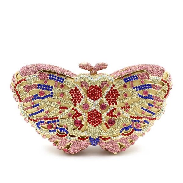 Hermosa mariposa Rosa Diamante de imitación cristal mujer bolso de mano de noche Metal dorado piedras preciosas diseñador cena embragues Handbags262j