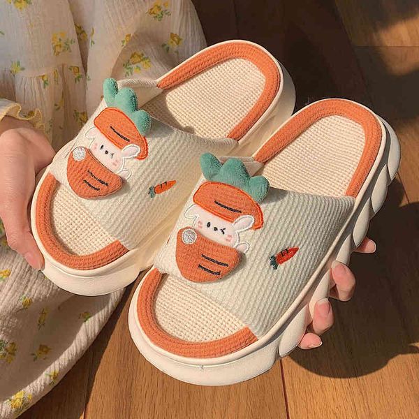 Hermosa Zanahoria Conejo Lino Zapatillas Mujeres Parejas Suelas Gruesas Antideslizantes Primavera Verano Rana Animal Lino Cool Slides Home Shoes J220716