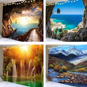 Belle Grotte Cascade Imprimer Tapisserie Plage Paysage Mur Hippie Tapisseries Polyester Tissu Décor À La Maison Tapis Tapis Couverture 210609