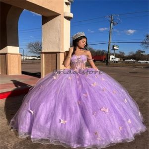 Belles robes de Quinceanera Charro Lilac 2023 avec papillon Luxe perlé princesse douce 15 robe de fête d'anniversaire élégant bal mexicain Para Xv Anos robes formelles