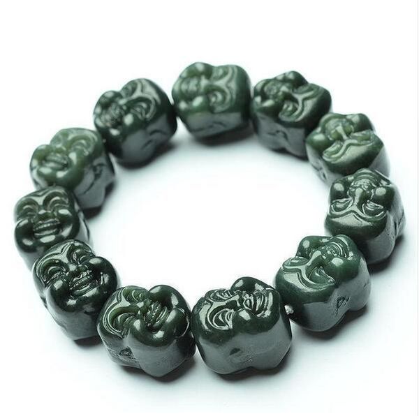 Beau bracelet de perles de bouddha en jade vert foncé naturel chinois