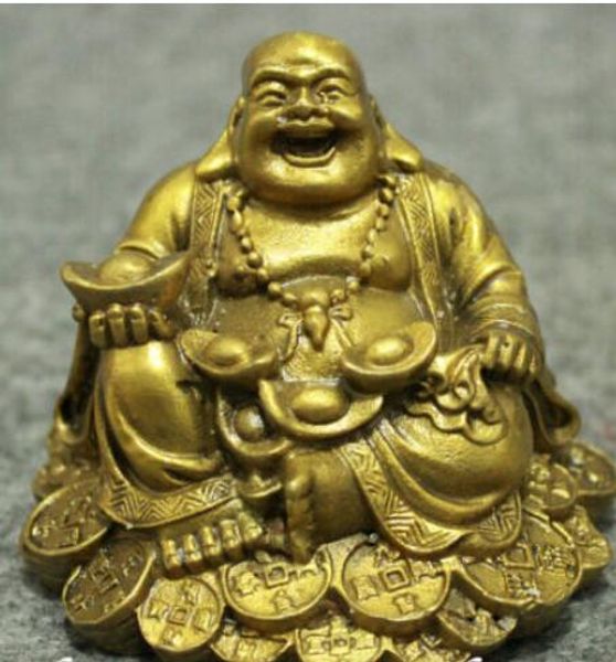 hermosa China Bronce Budismo Riqueza Moneda YuanBao Feliz Riendo Maitreya Buddha Estatua