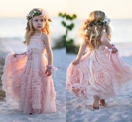 Roze bloem meisjes jurken voor bruiloft kant appliques ruches kinderen formele slijtage mouwloze lange strand meisjes pageantjurken